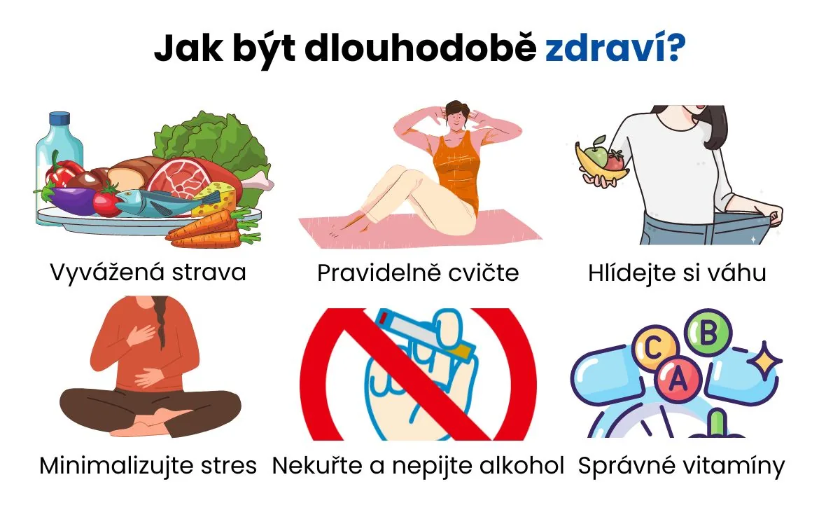 Dlouhodobé zdraví, vyvážená strava, pohyb, zdravá váha, méně stresu a prevence