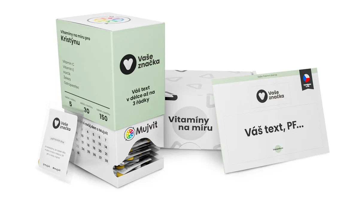 Firemní dárek vitamíny na míru ve vlastní grafice se jménem obdarovaného pro zaměstnance a partnery