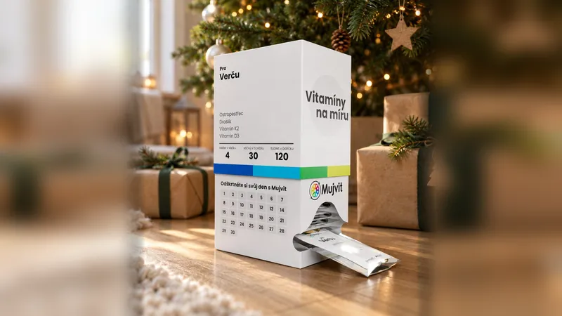 Krabička Vitamíny na míru Mujvit s oslovením pro Verču a denní sáček pod vánočním stromečkem mezi dárky